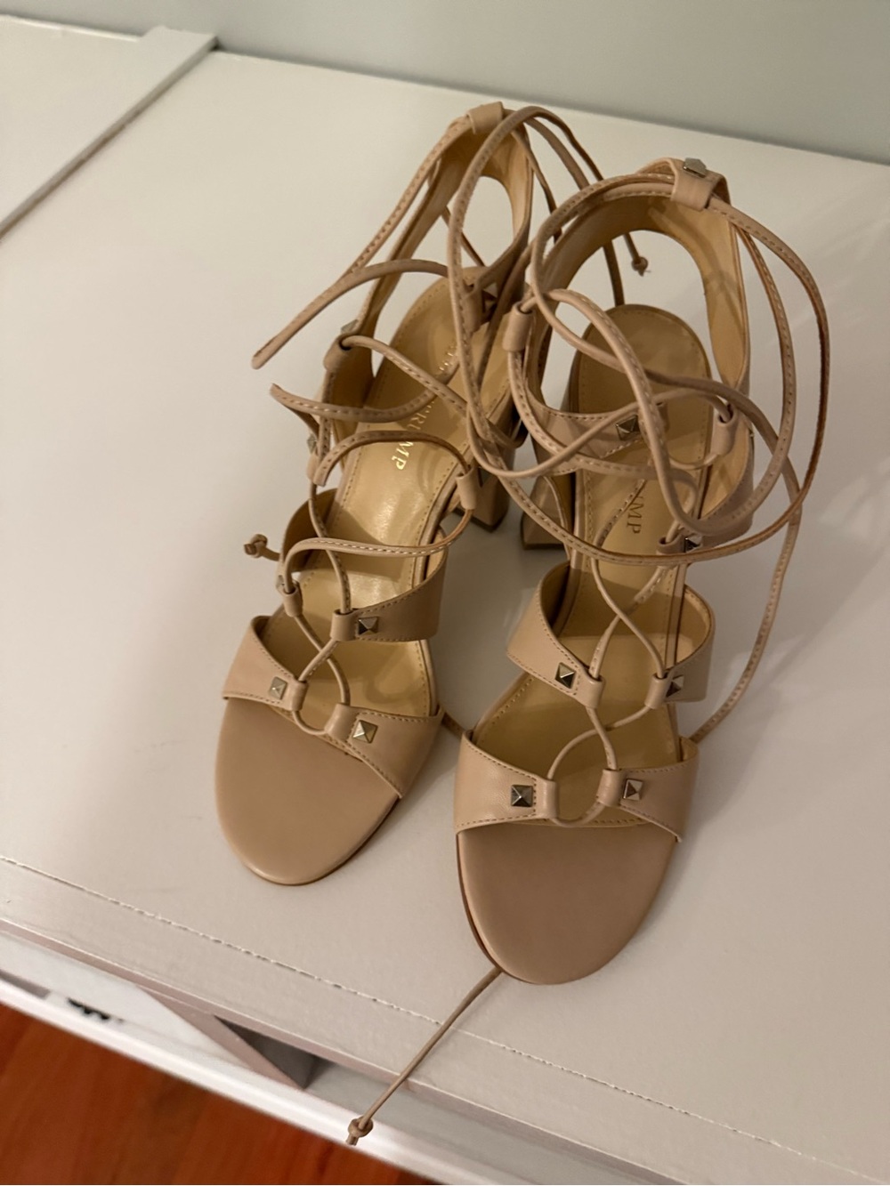 Ivanka Trump Nude Lace-Up Studded Block Heel Sandals